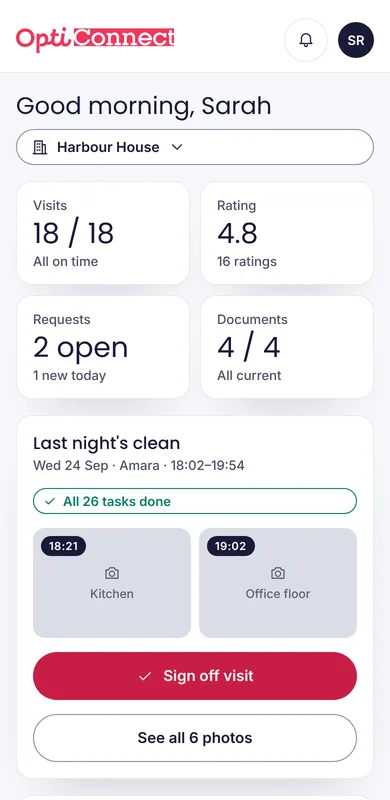 Opti Connect on a phone: visits completed, rating, and last night's clean with photos