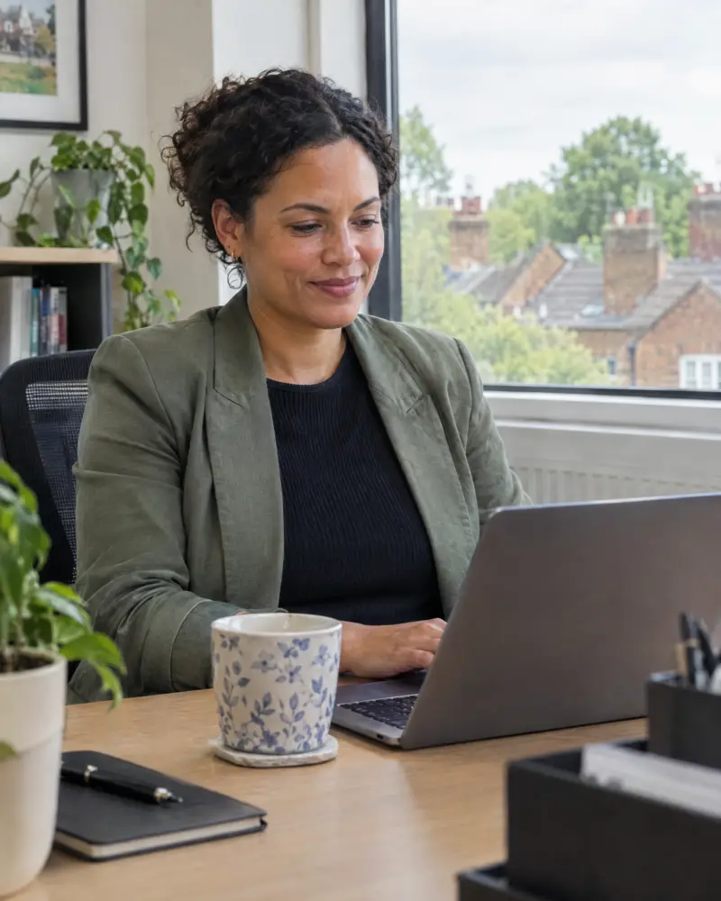 A calm, in-control facilities or office manager at their desk in a well-kept modern office
