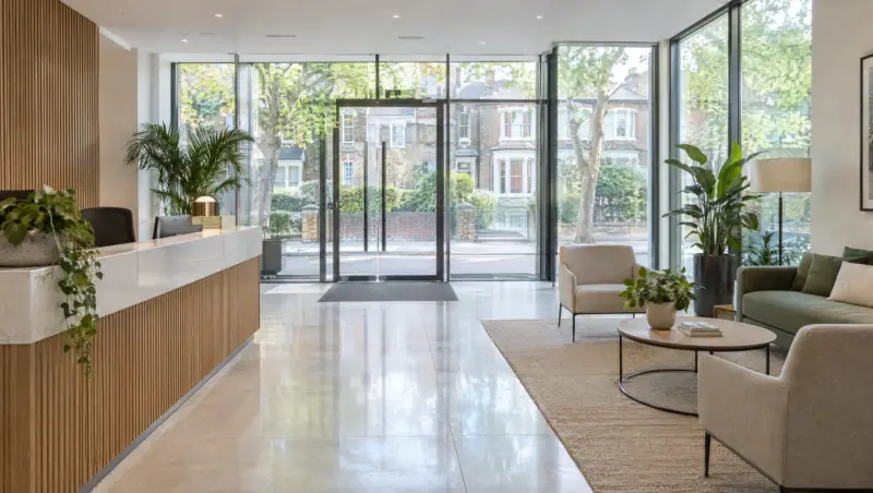 A bright, welcoming corporate office reception in South West London