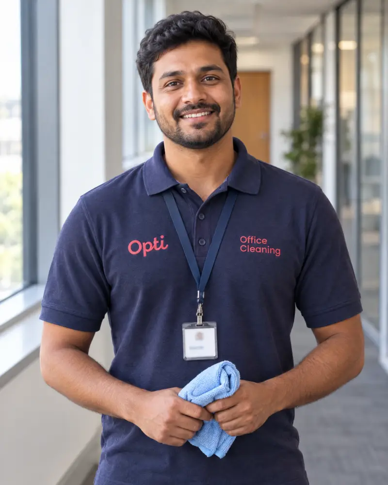 A genuine, friendly Opti Clean team member in the navy uniform