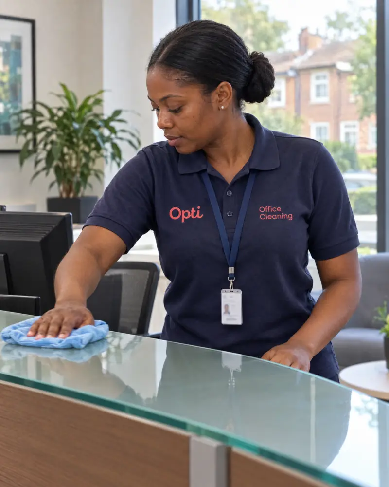 A friendly Opti Clean operative in the navy polo (coral “Opti · Office Cleaning” left-chest crest) wearing a photo-ID ba
