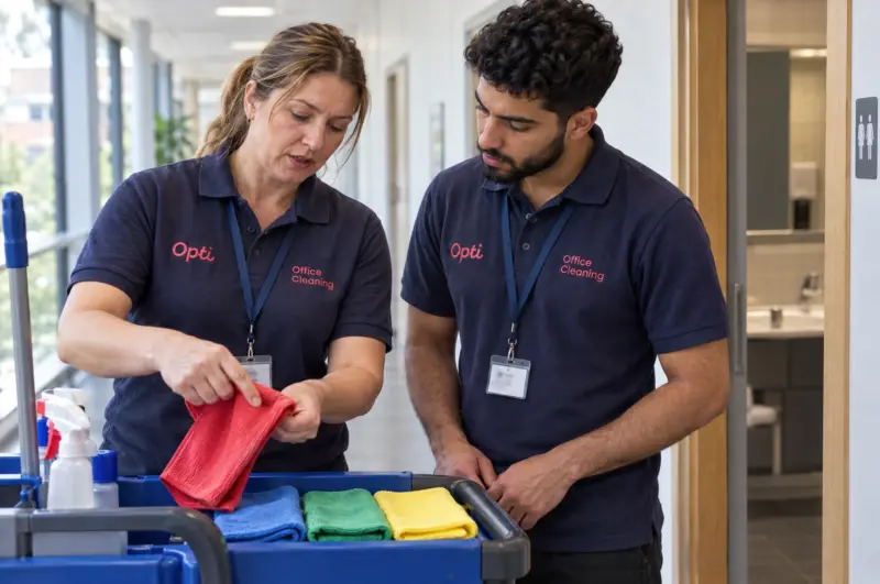 Opti Clean operatives in uniform working with correct, colour-coded equipment