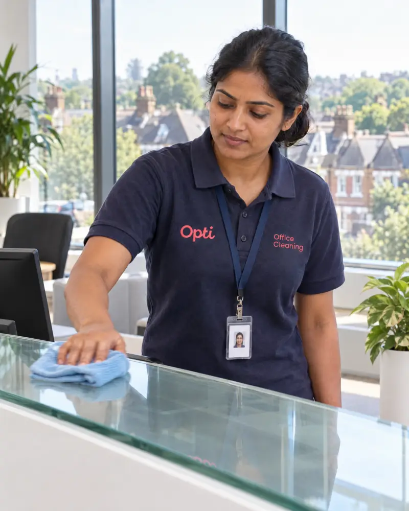 Uniformed Opti Clean operative on site in a South West London office, candid, natural light