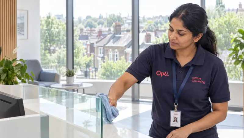 A bright South West London office being cleaned by a uniformed Opti Clean team