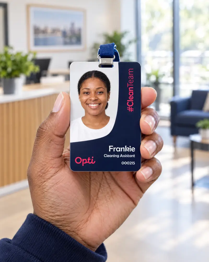 Close-up of an Opti Clean photo-ID card on a lanyard: headshot, name, role, coral Opti logo and opti-cleaning.co.uk.