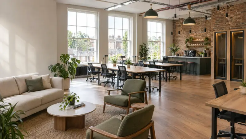 A clean co-working space with lounge seating, shared desks and a coffee point