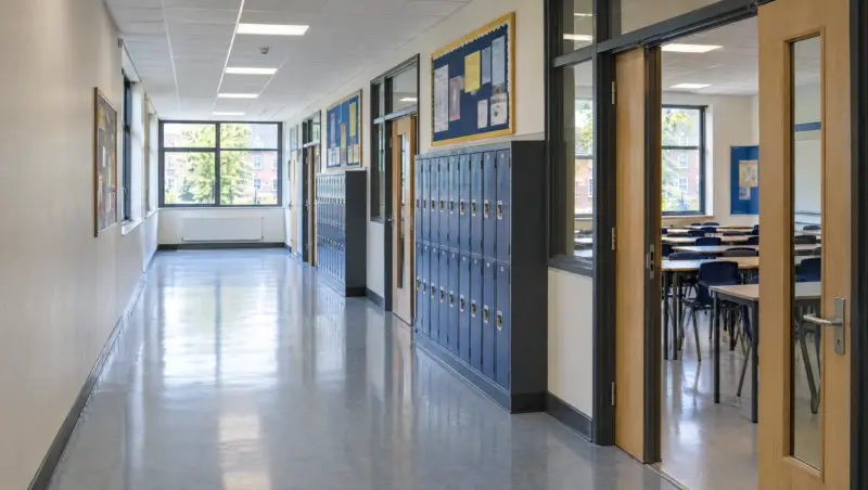 A clean school corridor with lockers, noticeboards and a polished floor