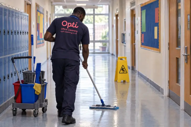 A clean, bright school corridor before pupils arrive