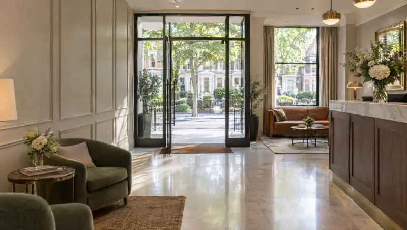A spotless hotel lobby with a reception desk, armchairs and a polished floor