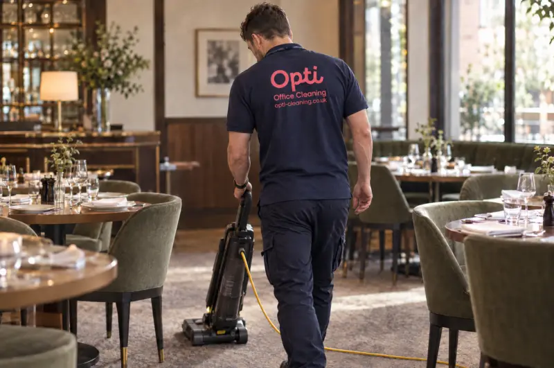 A boutique hotel lobby, polished floor, porter in uniform