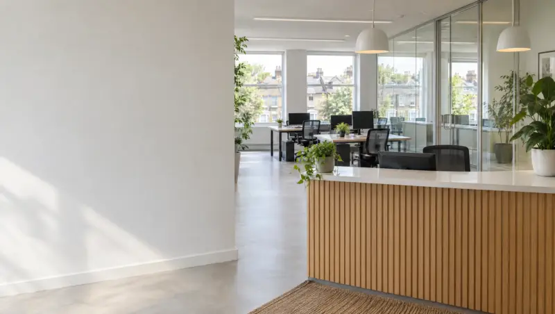 A bright, spotless office reception desk with open-plan desks behind