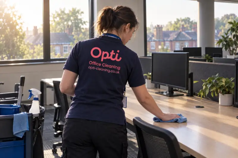 A bright three-floor office, early morning, uniformed operative finishing reception