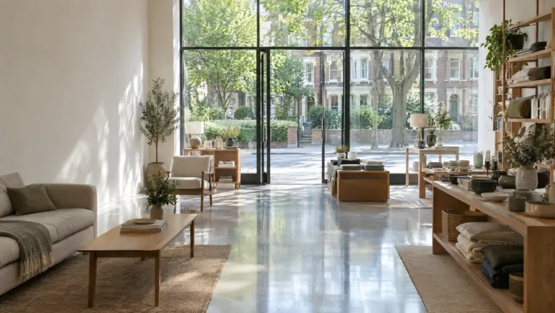 A spotless retail showroom with clean glass frontage and a polished floor