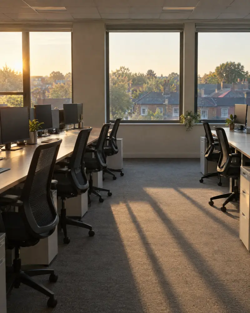 Early-morning office, chairs back in place on a freshly cleaned carpet, low sun through the windows, no sign that work h