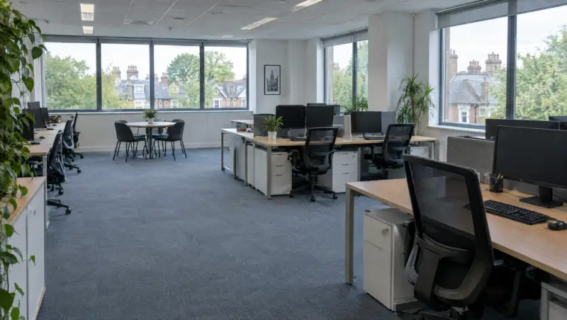 An open-plan office with freshly cleaned carpet tiles