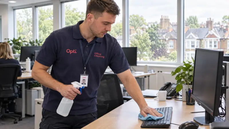 A uniformed Opti Clean operative on a daily office clean