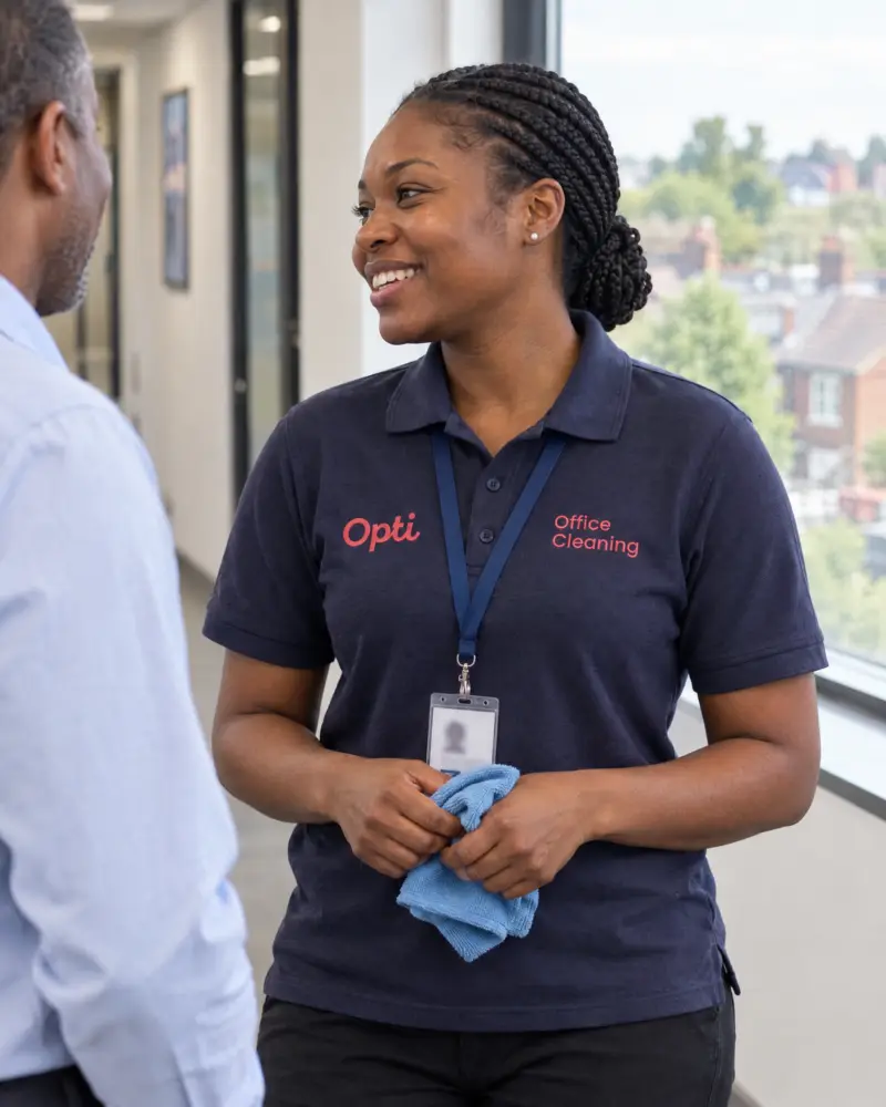 Friendly, uniformed Opti Clean porter with visible photo-ID badge, greeting a member of staff in a bright office, candid