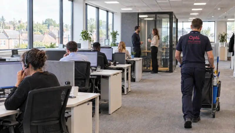 An Opti Clean day porter walking through a busy office during the working day