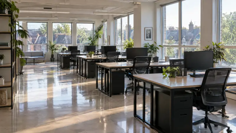 An office with gleaming hard floors after a commercial deep clean