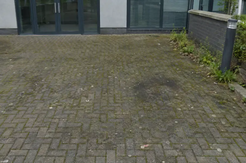 Stained forecourt, green & grimy