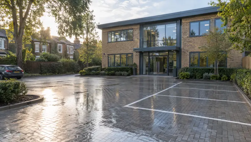 A pressure-washed car park and entrance outside an office building