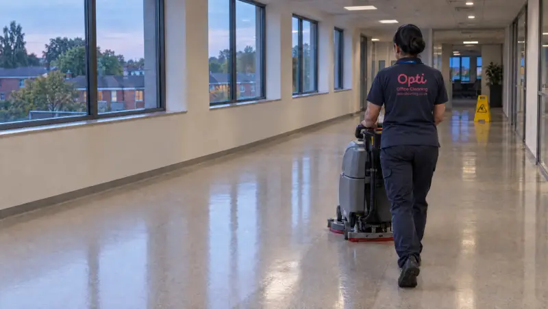 An Opti Clean operative using a floor scrubber on a hard office floor