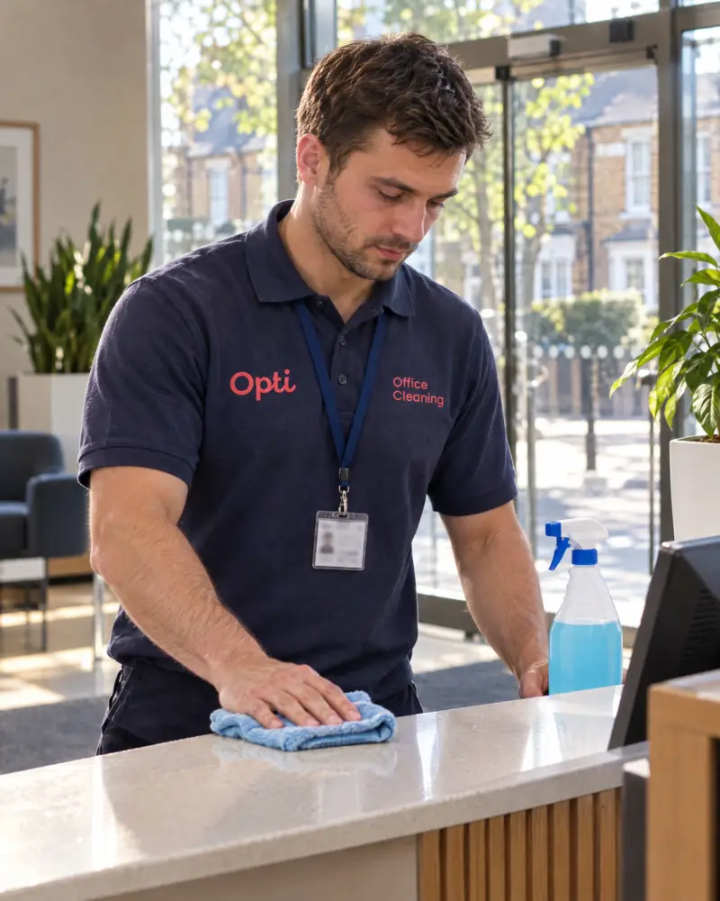 Scene brief Uniformed Opti Clean operative cleaning a bright office reception at short notice, ID badge visible, natural