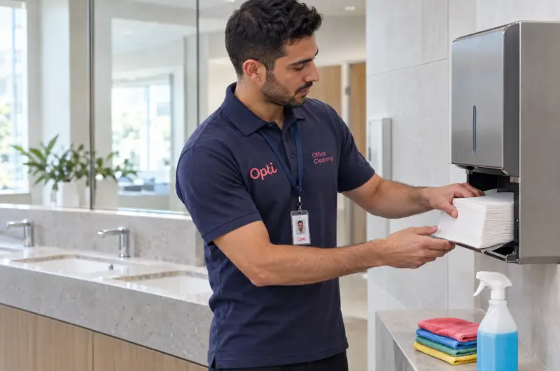 Colour-coded washroom cleaning equipment in use / the Opti Connect visit log with photo proof