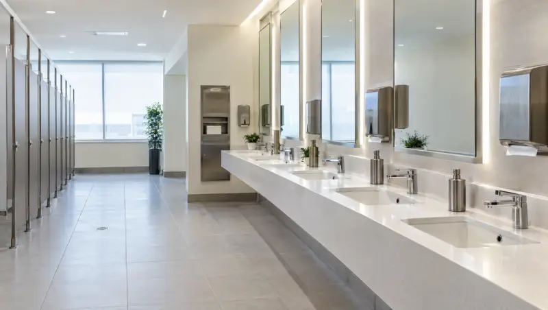 A clean, fully stocked commercial washroom with washbasins and soap dispensers