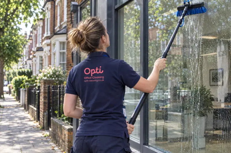 Operative reach-and-wash cleaning a glass frontage in the sun