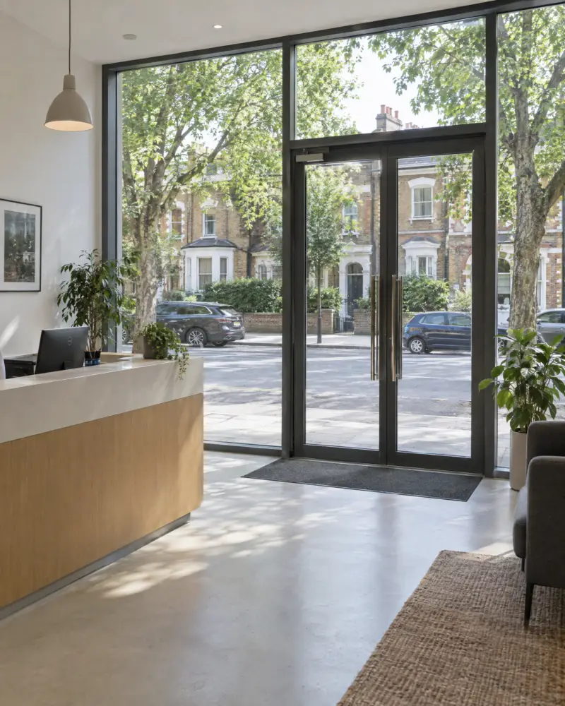 Sunlit commercial glass frontage, freshly cleaned and streak-free, daylight pouring into a bright reception