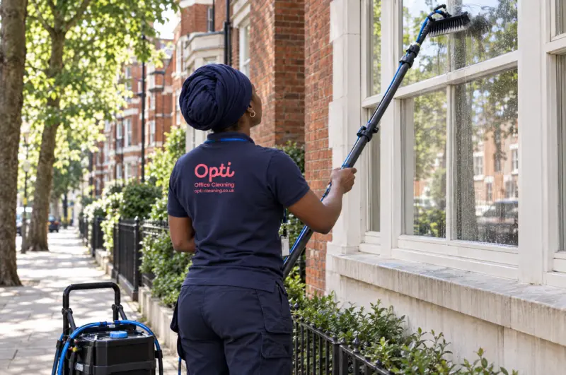 Operative reach-and-wash cleaning external office glass from the ground, purified-water pole, bright day