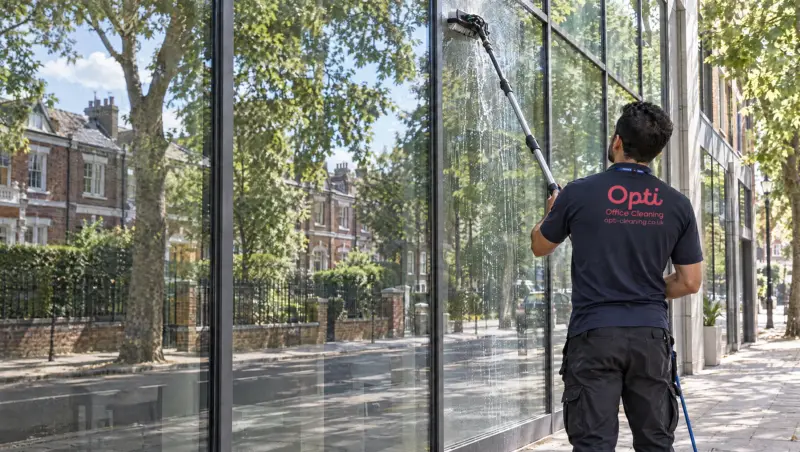 An Opti Clean operative cleaning a glass shopfront with a water-fed pole