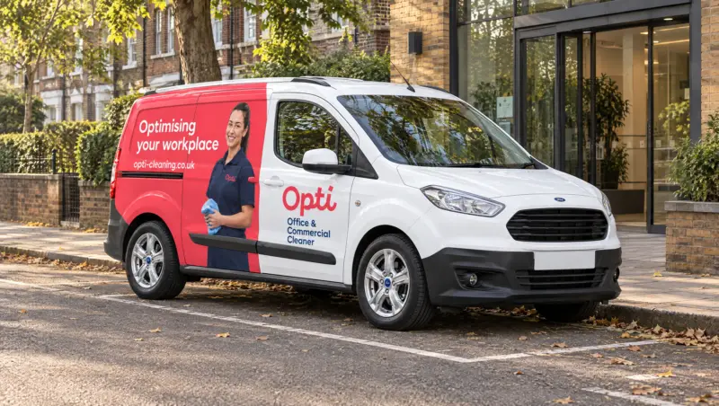An Opti Clean-branded navy van (coral logo, opti-cleaning.co.uk) parked outside a South West London commercial building 
